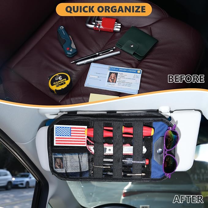 GNEGNI Tactical Car Sun Visor Organizer - Rigid MOLLE Panel Vehicle Storage Pouch with 3 Straps - Car Interior Document and Tool Holder for Truck, SUV, Jeep (13" x 7") (Blue)