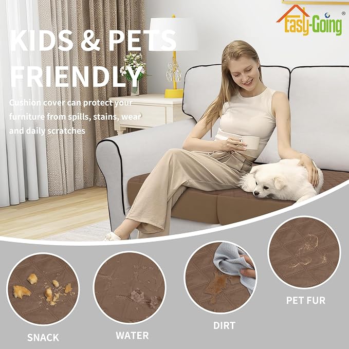 Easy-Going Waterproof Oversized Chair Cushion Covers, Non-Slip Leakproof Sofa Seat Cushion Slipcovers, Quilted and Stretch Furniture Protector for Dogs, Pets (1-Piece Oversized Chair Cushion, Brown)