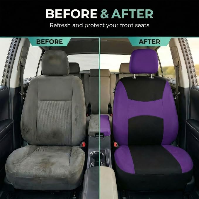 FH Group Universal Car Seat Covers Front Set for SUV Truck Sedan Vans | Waterproof All-Purpose Cloth Seat Cover Set Airbag Compatible Washable Split Bench Protector Interior Upgrade - Purple