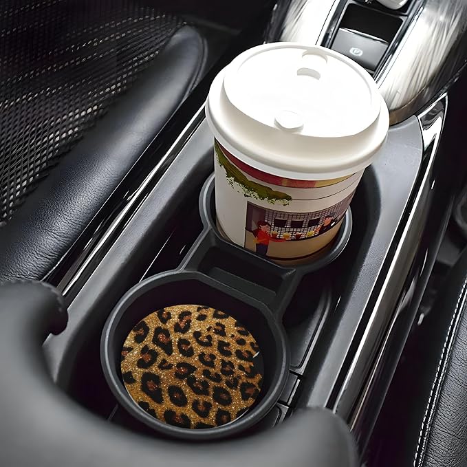 Leopard Print Shiny Car Cup Holder Coasters 2 Pack 2.63" for Women | Glittering Universal Anti Slip Ceramic Absorbent Coaster with Cork Base and Finger Notch Cute Car Accessories Interior