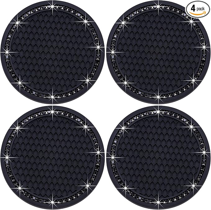 4PCS Bling Cup Holder Coaster, 2.75 Inch Auto Car Cup Holder Insert Coasters, Soft Silicone Anti-Slip Shockproof, Universal Vehicle Interior Accessories for Women Girls (Black)