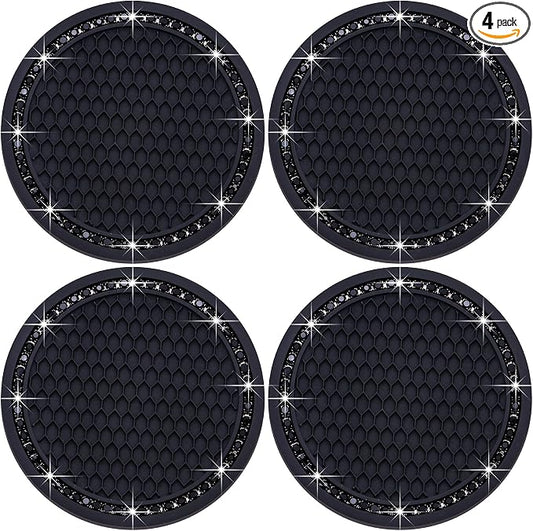 4PCS Bling Cup Holder Coaster, 2.75 Inch Auto Car Cup Holder Insert Coasters, Soft Silicone Anti-Slip Shockproof, Universal Vehicle Interior Accessories for Women Girls (Black)