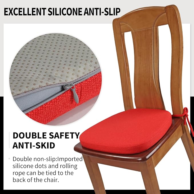 SINOSSO 6 Pack Memory Foam Chair Cushions for Dining Chairs, Friendly Woven Fabric 16" U-Shape Comfortable Kitchen Chair Pads, Removable Slip Resistant Seat Cushions (Set of 6, Red)