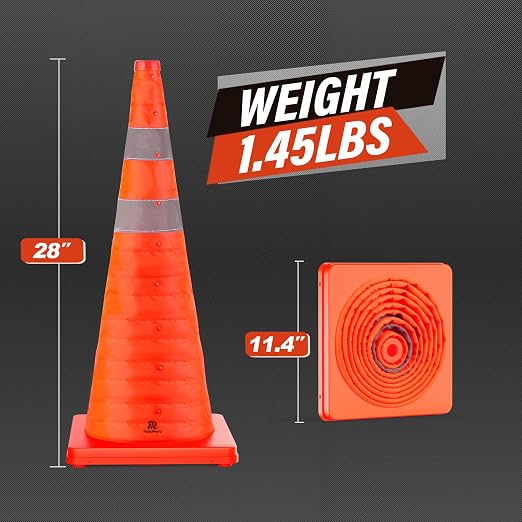 RoadHero 28 Inch 1 Pack Collapsible Traffic Safety Cones, Multi Purpose Pop-up Cones with Reflective Collar for Road Safety, Orange Cones for Driving Training, Parking Lots
