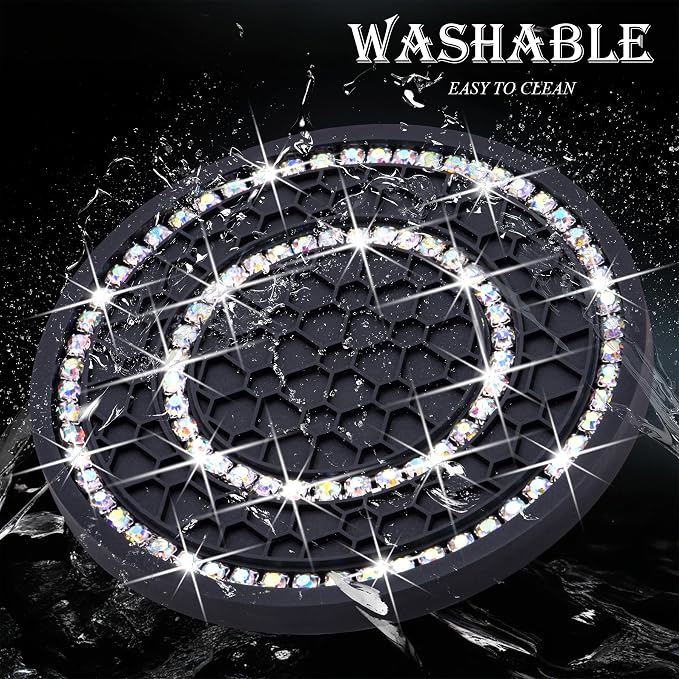 4PCS Bling Crystal Rhinestone Cup Holder Coaster, 2.75 inch Soft Silicone Anti-Slip Shockproof, Car Cup Holder Insert Coasters, Universal Car Interior Accessories for Women (Black & Colorful)