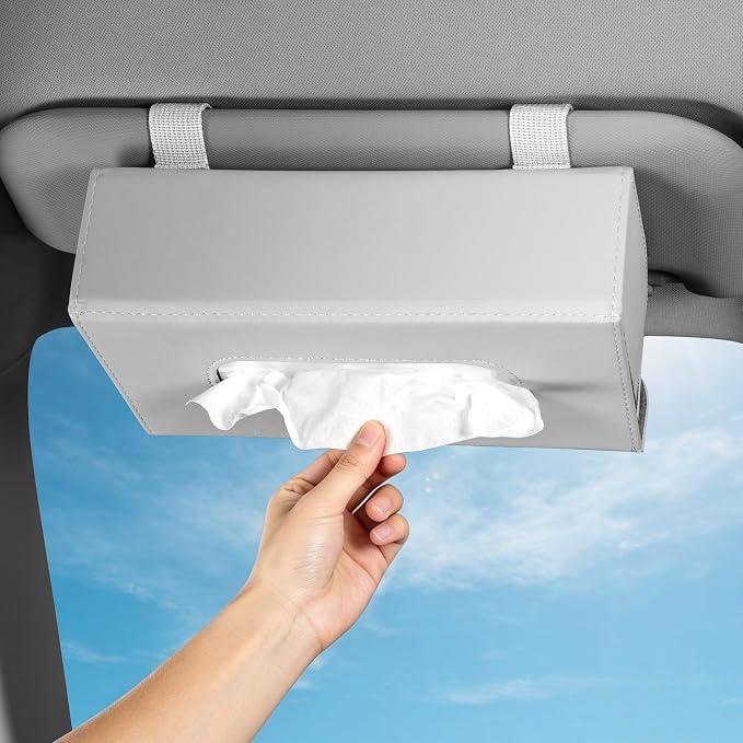 Car PU Leather Tissue Holder for Sun Visor and Back Seat Organizer | Tissues Box Cover for Sunvisor and Cars Backseat Large Rectangle Napkin Holder Fit for Various Tissue Sizes Box Organizer
