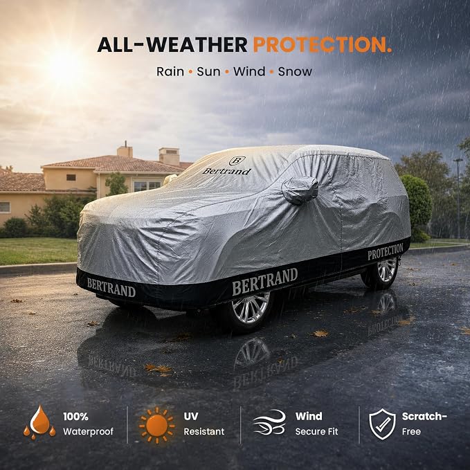 BERTRAND Heavy Duty SUV Car Cover Waterproof All Weather - Snow, Rain & UV Outdoor Protection | Cotton-Lined, Up to 10-Point Anchoring + Zipper Access | Extra Large SUVs, Silver-Black (207x77, S3)