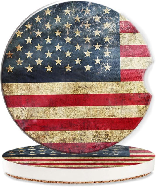 American Flag Car Coasters for Women 2 Pack,Retro Absorbent Car Coasters for Cup Holders Insert Ceramic Anti Slip with Finger Notch & Cork Base Auto Accessories Gifts