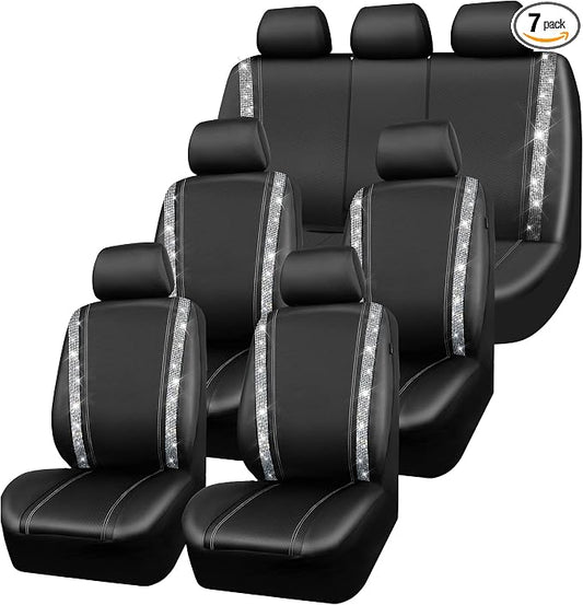 CAR PASS Bling Diamond Car Seat Covers, Shining Rhinestones Waterproof Faux Leather, 7 Seats 3 Rows with Zipper Glitter Crystal Sparkle Strips Universal Fit 95% MPV,SUV,CAR for Women Girl, Silver