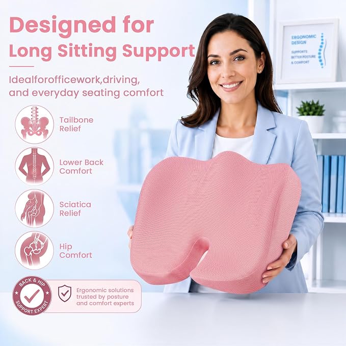 CJACSOC Seat Cushion, Extra Large Memory Foam Cushion for Office Chair Cushions, Ergonomic Cushions Pad Pillow for Pressure Relief Sciatica & Pain Relief for Long Sitting, Pink