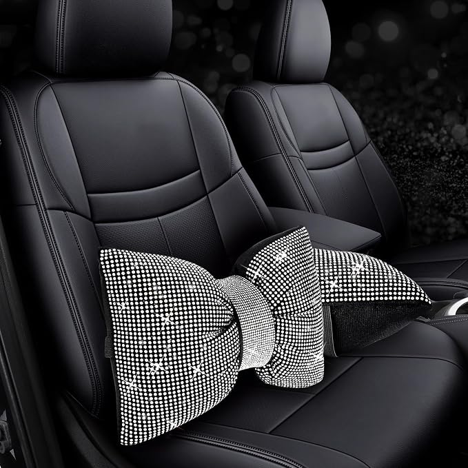 ChuLian 2 PCS Bling Car Pillows, Rhinestones Bowknot Bling Car Headrest Pillow, Car Neck Pillow for Driver Cool Relax Necksupport, White Crystal Diamond Car Accessories for Women