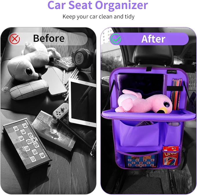 LUCMO Car Backseat Organizer with Foldable Tablet Holder, Dark Purple | 6 Storage Pockets,Foldable Food Tray,Protectors Kick Mats,Travel Accessories,Seat Cover,Road Trip Essentials