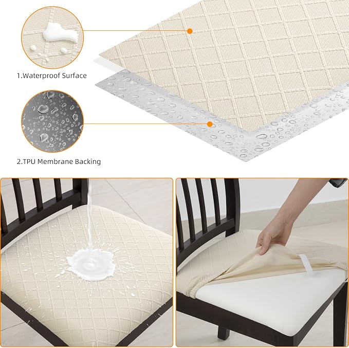 Fuloon Waterproof Seat Cushion Covers 4 PCS, Stretch Jacquard Chair Seat Covers Washable Dining Room Chair Slipcovers Removable Kitchen Cushion Protector (4, Waterproof-Beige)