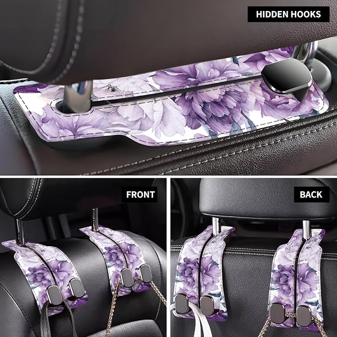Car Seat Back Storage Headrest Hook, Premium Leather Double Metal Hook, Hanger Storage Organizer for Purse Cloth Bag, Car Interior Accessories Purple Cute Flowers