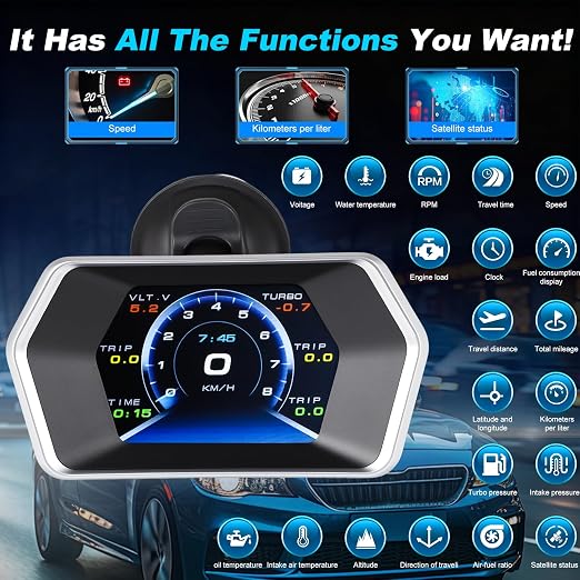 OBD2 GPS Dual System Car HUD Display - Digital Speedometer with Water Temp Voltage RPM - Universal Heads Up Display for All Vehicles