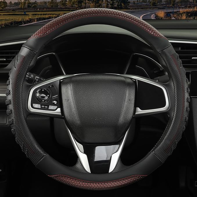 Anti-Slip Silicone Steering Wheel Cover Great Grip with 3D Honeycomb | Heavy-duty Microfiber Leather Sporty Design, Universal 14.5 inch - 15 inch, Black with Burgundy