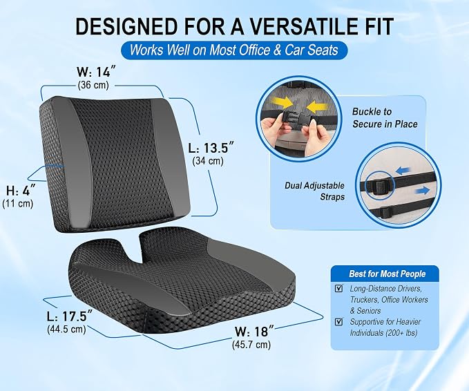 Lofty Aim Car Seat Cushion with Back Support, Lumbar Support Pillow Set | Memory Foam Car Seat Cushions for Driving, Office Chair Cushions for Back and Butt, Support for Trucks, Office Chairs, Black