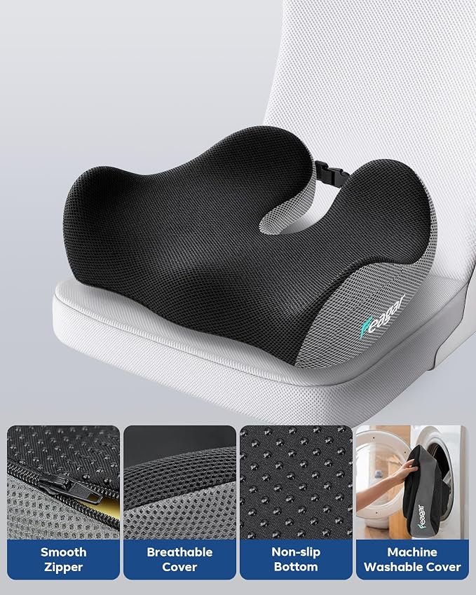 Feagar Seat Cushion for Office Chair - Memory Foam Tailbone Cushion for Desk Chair, Car Seat and Wheelchair - Ergonomic Chair Pad for Hip and Lower Back Comfort Gray | Seat Cushion for Tailbone Pain Relief - for Desk Chair, Car& Wheelchair Car Seat Pad...