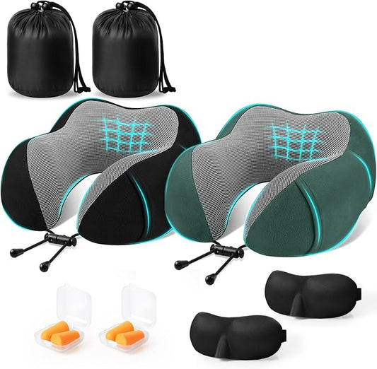 CloudBliss Travel Pillow for Airplane, Set of 2 Memory Foam Neck Pillow for Travel, Travel Neck Pillow for Long Flight, Car & Office, Trip Accessories with Eye Mask, Earplugs, Carry Bag, Black & Green