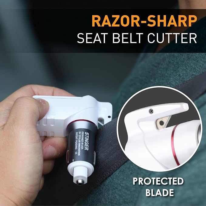 Stinger USB Emergency Escape Tool: Life-Saving Rescue Car Charger, Spring Loaded Window Breaker, Seat belt Cutter, Dual USB Ports Max. 2.4A (1x Black and 1x White Stinger)