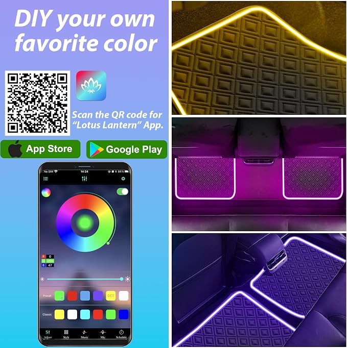 Car Floor Mats with Led Strip Light, Premium Universal Fit Black Automotive Carpet, Interior Car Lights Floor Mats,App Control Faux Leather Anti-Slip Waterproof Neon Car Decor Accessories for SUV Etc.