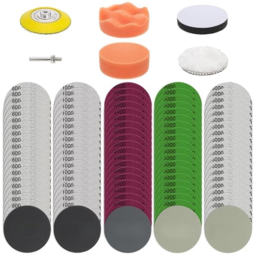 Hacaroa 106 Pcs 3 Inch Sanding Discs, Wet Dry Sandpaper Headlight Restoration Kit 800, 1000, 2000, 3000, 5000 Grit, Silicon Carbide Hook & Loop Sand Paper Drill Polishing Kit for Car, Wood, Metal