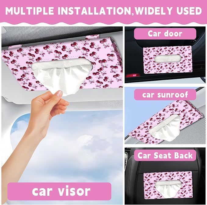 2 Pcs Sunglass Holder and 1Pcs Car Tissue Holder for Car,Magnetic Leather Sunglasses Holder Car Sun Visor Glasses Hanger Clip,Car Interior Accessories for Women(Pink Cherry)