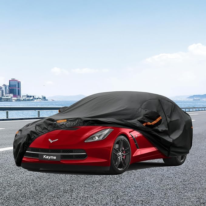 Kayme 7 Layers Car Cover Custom Fit for Chevrolet Corvette C4/C5/C7/C8 Coupe Convertible Targa (1980-2025) Waterproof All Weather for Automobiles, Outdoor Full Cover Rain Sun UV Protection.Black