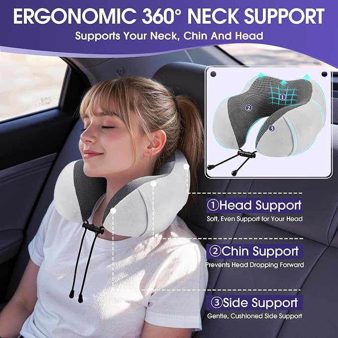 CloudBliss Travel Pillows for Airplane, Memory Foam Neck Pillows for Travel, Compact Neck Pillow for Long Flight, Car & Office, Plane Accessories with Eye Mask, Earplugs, Carry Bag, Black & Light Grey