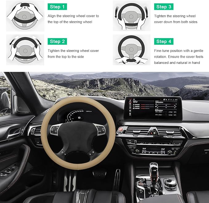 Car Steering Wheel Cover, 15" Breathable Leather Auto Wheel Protector with Comfortable Grip, Non-Slip Perforated Steering Wheel Protective Cover for SUV Truck Sedan Van (Beige)