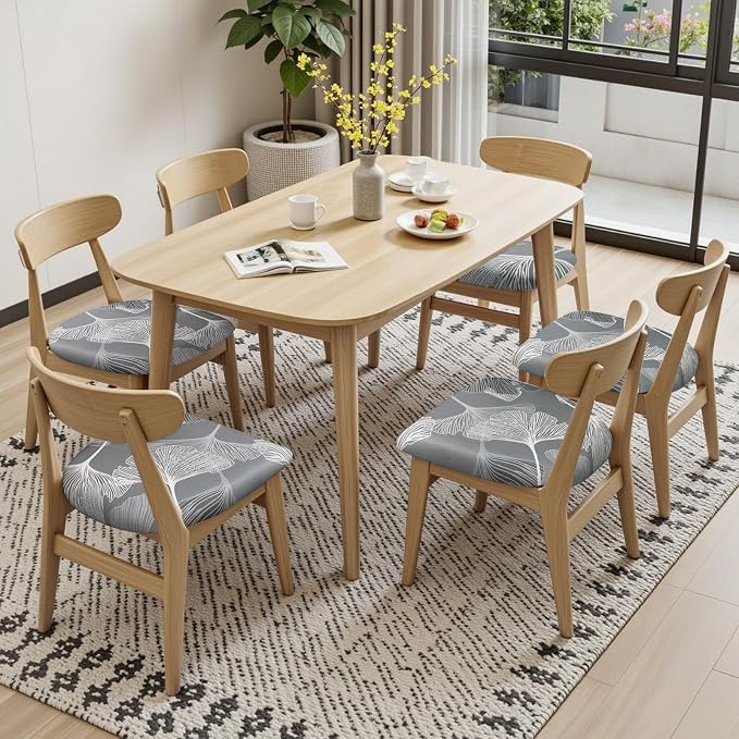 SearchI Seat Covers for Dining Room Chairs Printed Chair Seat Covers 4 Pack | Stretch Removable Washable Upholstered Chair Seat Protector Cushion Slipcovers for Kitchen(Ginkgo Leaf Pattern)