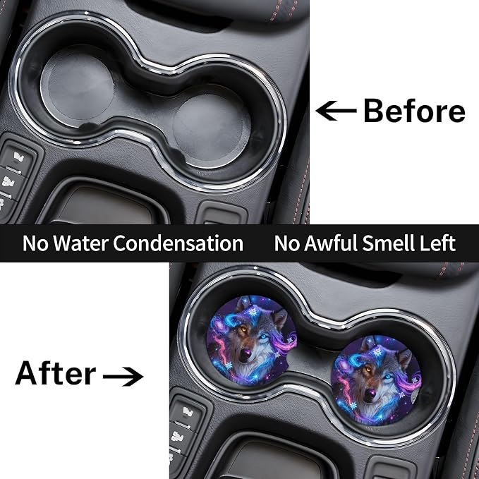 Galaxy Wolf Car Cup Holder Coasters 2 Pack 2.63" for Women | Universal Anti Slip Ceramic Absorbent Coaster with Cork Base and Finger Notch Cute Car Accessories Interior