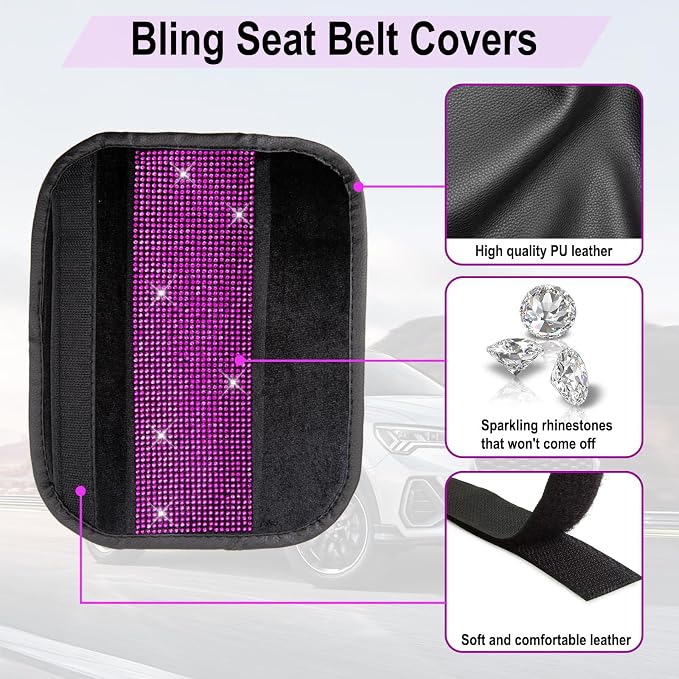 ecocstm 2 PCS Bling Car Seat Belt Shoulder Pads, Bling Seat Belt Covers with Bling Rhinestones, Car Accessories Seatbelt Strap Pad with Crystal Diamond for Car, Truck, SUV (Pink Purple Diamond)