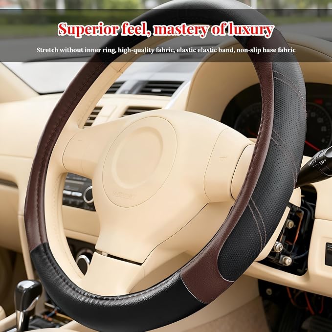 Car Steering Wheel Cover, 14.5-15" Non-Slip Soft Leather Breathable Sporty Steering Wheel Protector, Comfortable Automotive Interior Protection Accessory, Universal for Vehicles (Black/Brown)
