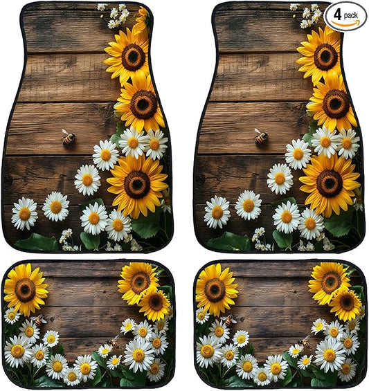 Sunflower Car Floor Mats Set of 4 Vintage Daisy Bee Wood Rustic Automotive Foot Mats Rugs Carpet for Car Non-Slip Auto Car Accessories Universal Fit Car Accessories for Truck
