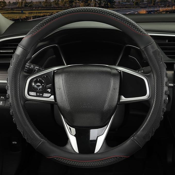 Anti-Slip Silicone Steering Wheel Cover Great Grip with 3D Honeycomb | Heavy-duty Microfiber Leather Sporty Design, Universal 14.5 inch - 15 inch, All Black
