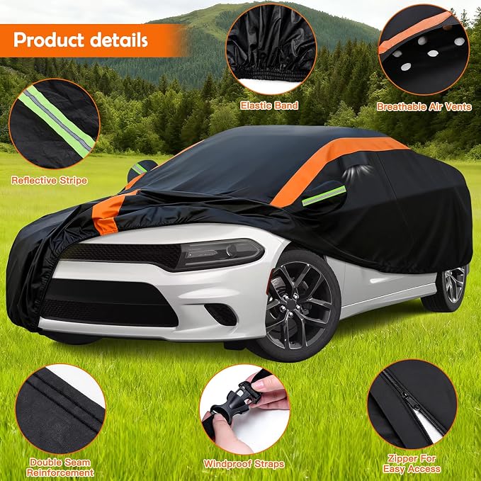 Universal Fit Car Cover for Sedan Length 194-208in, Waterproof Automobiles Cover All Weather Compatible with Lexus ES350, Tesla Model S, Toyota Avalon, Dodge Charger, Cadillac CTS