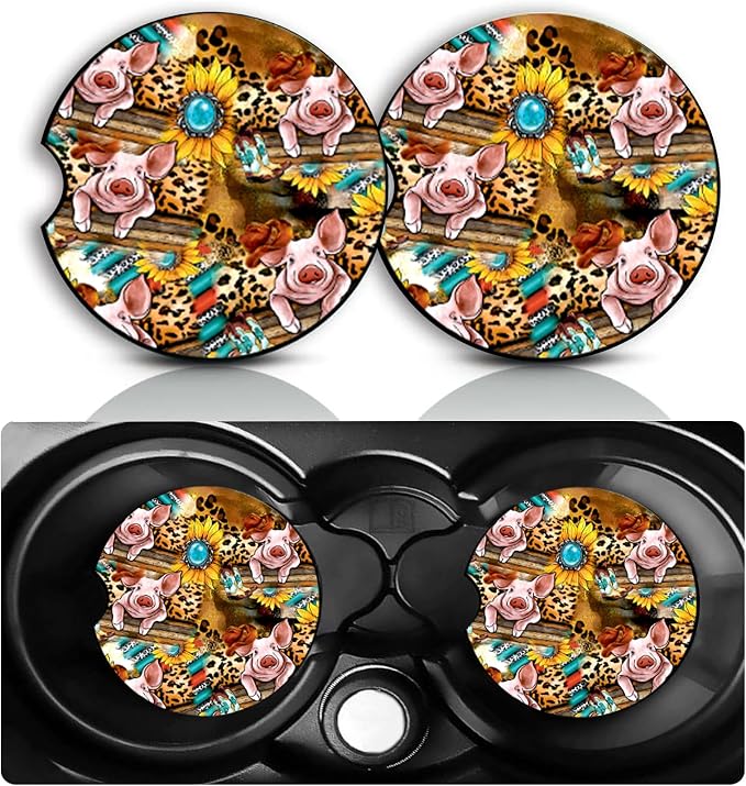 Leopard Pig Car Cup Holder Coasters Set of 2 – Fun Sunflower Pig Car Accessories 2.75" Universal Size Anti Slip Rubber Mat Recessed Auto Insert Coasters Decor Pigs Gifts for Women Men Dad Grandpa