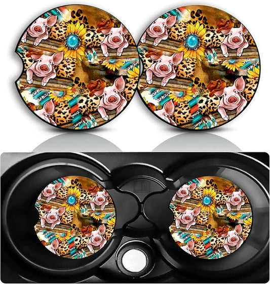Leopard Pig Car Cup Holder Coasters Set of 2 – Fun Sunflower Pig Car Accessories 2.75" Universal Size Anti Slip Rubber Mat Recessed Auto Insert Coasters Decor Pigs Gifts for Women Men Dad Grandpa