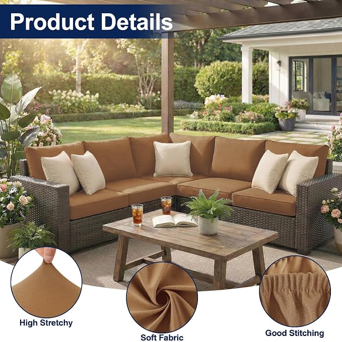 Smiry Waterproof Patio Cushion Covers, Stretch Outdoor Couch Slipcovers Replacement Washable Furniture Protector Sofa Chair Seat Cover for Dogs and Pets (12 Pcs, Camel)