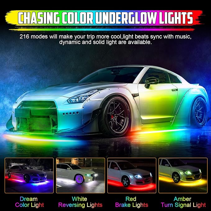 8PCS Led Underglow Light for Car,Dream Color Chasing Underglow Light Kit with APP&Remote Control,Waterproof Aluminum Exterior Underbody Multicolor Music Sync Neon Accent Lights-2 Year Warranty