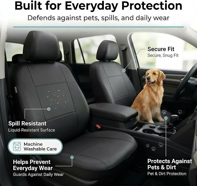 FH Group Car Seat Covers PU Leather Automotive Seat Covers Front Set, Black Seat Covers Pair Set with Gift Universal Fit Interior Accessories for Cars Trucks and SUVs