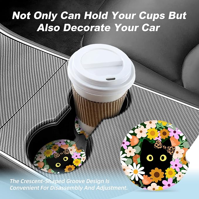 Flower Cute Black Cat Car Coasters for Cup Holders,2 Pack Car Cup Holder Coasters for Car,Ceramic Absorbent Car Coaster with A Finger Notch and Cork Base,Car Interior Accessories for Women Men