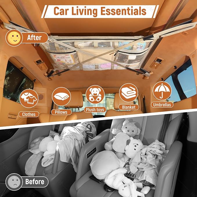 Car Ceiling Cargo Net with 2 Pockets,31.5"x21.6" Overhead Storage Mesh Organizer for SUV and Mini Van,Double Car Net for Road Trip Essentials,Camping Gear,Vehicle Roof Storage,Beige