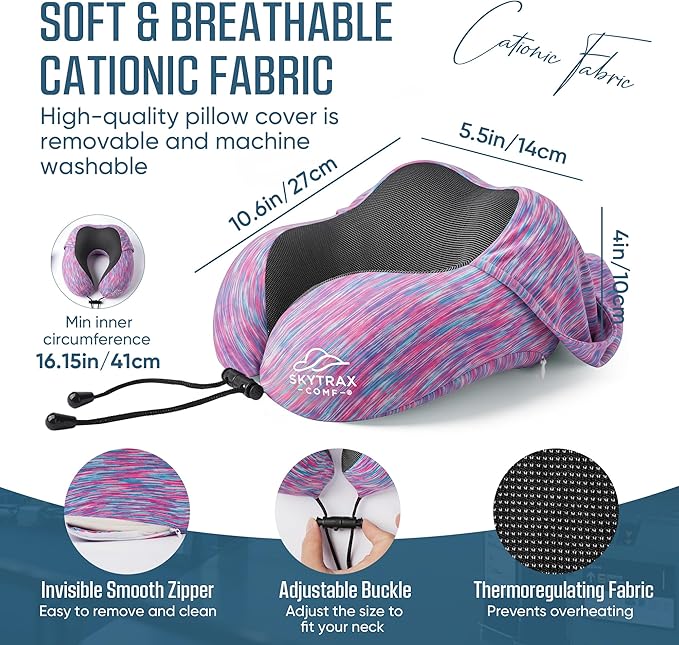 SkytraxComf® Travel Neck Pillow with Hood for Privacy on Long Flights | Memory Foam | Airplane Sleep | Safety-Tested Materials | Extra Large Hood | Chin Support | Earplugs | Washable Cover