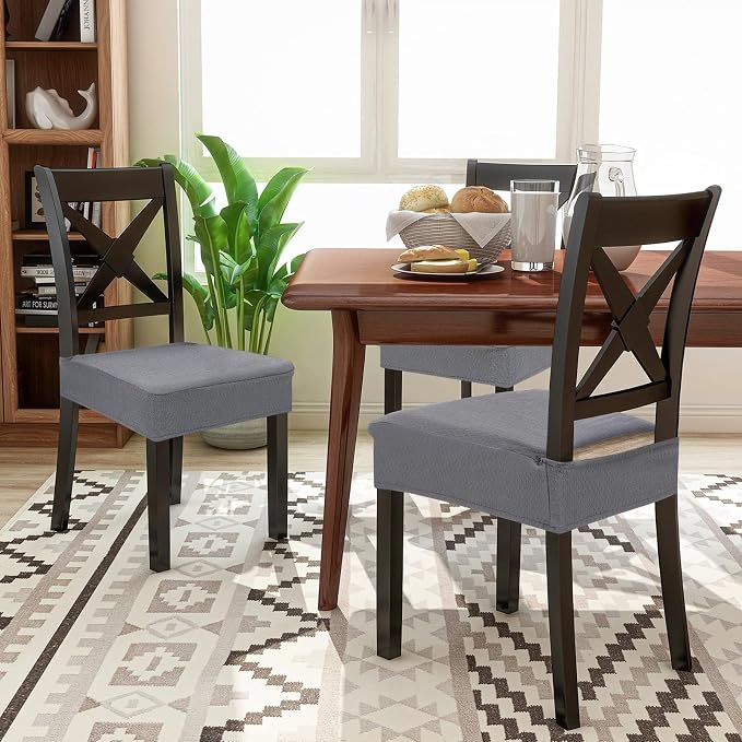 Smiry Waterproof Seat Covers for Dining Room Chairs Set of 6, Stretch Jacquard Removable Washable Chair Seat Slipcovers Protector, No Rear Covers, Grey