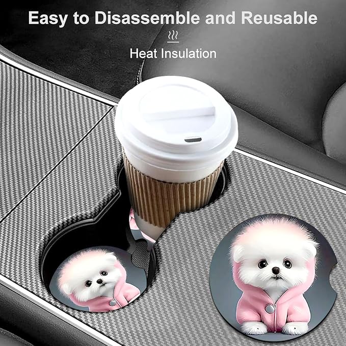 2 Pack Dog Car Cup Holder Coasters Universal Neoprene Coasters | 2.75" Universal Size Anti Slip Rubber Mat, Auto Cup Holder Accessories for SUV Truck, Gifts for Dog Lovers Women Men Mom