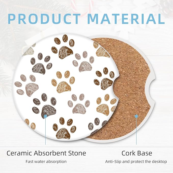 2 Pack Car Coasters for Cup Holders, 2.56" Universal Absorbent Ceramic Stone Car Cup Holder Coasters with Non-Slip Cork Base, Car Interior Accessories for Women Men(Dog paw Print)