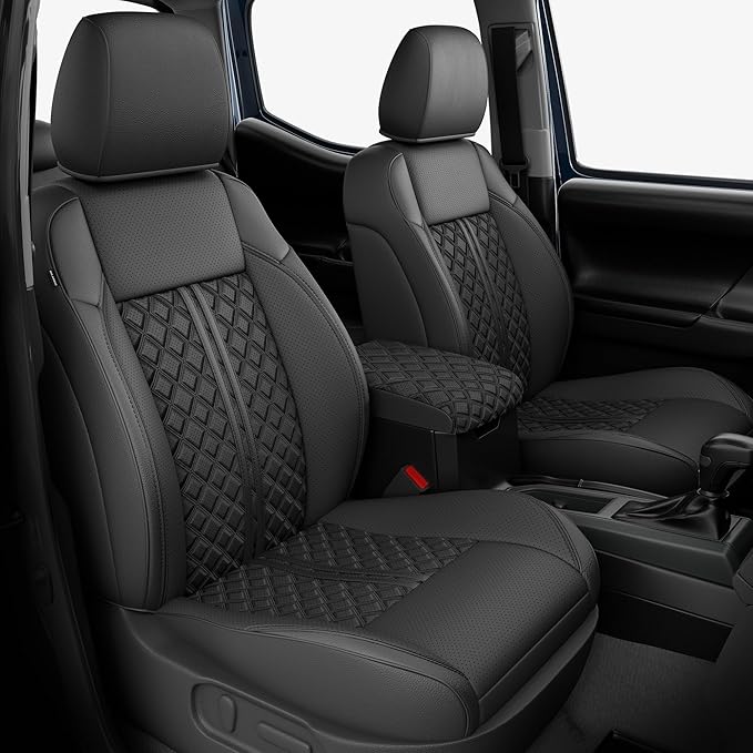 Custom Seat Covers for Tacoma 2016-2023 3rd Gen Double Cab SR5/TRD Off-Road/SR/TRD Sport/TRD PRO Full Set with Console Covers, Waterproof Leather Back and Front Seat Protectors Black