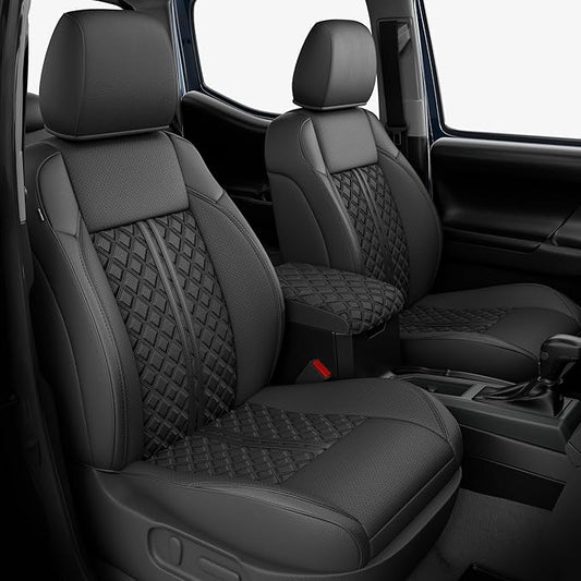 Custom Seat Covers for Tacoma 2016-2023 3rd Gen Double Cab SR5/TRD Off-Road/SR/TRD Sport/TRD PRO Full Set with Console Covers, Waterproof Leather Back and Front Seat Protectors Black
